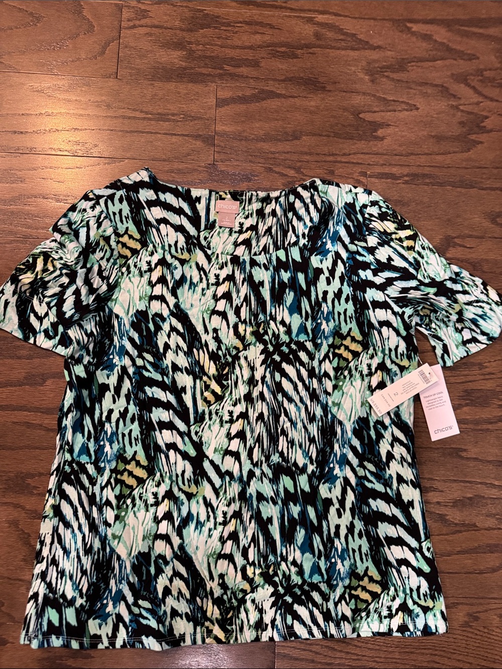 Chico's Multicolor Abstract Short Sleeve Blouse - Teal, Black, White